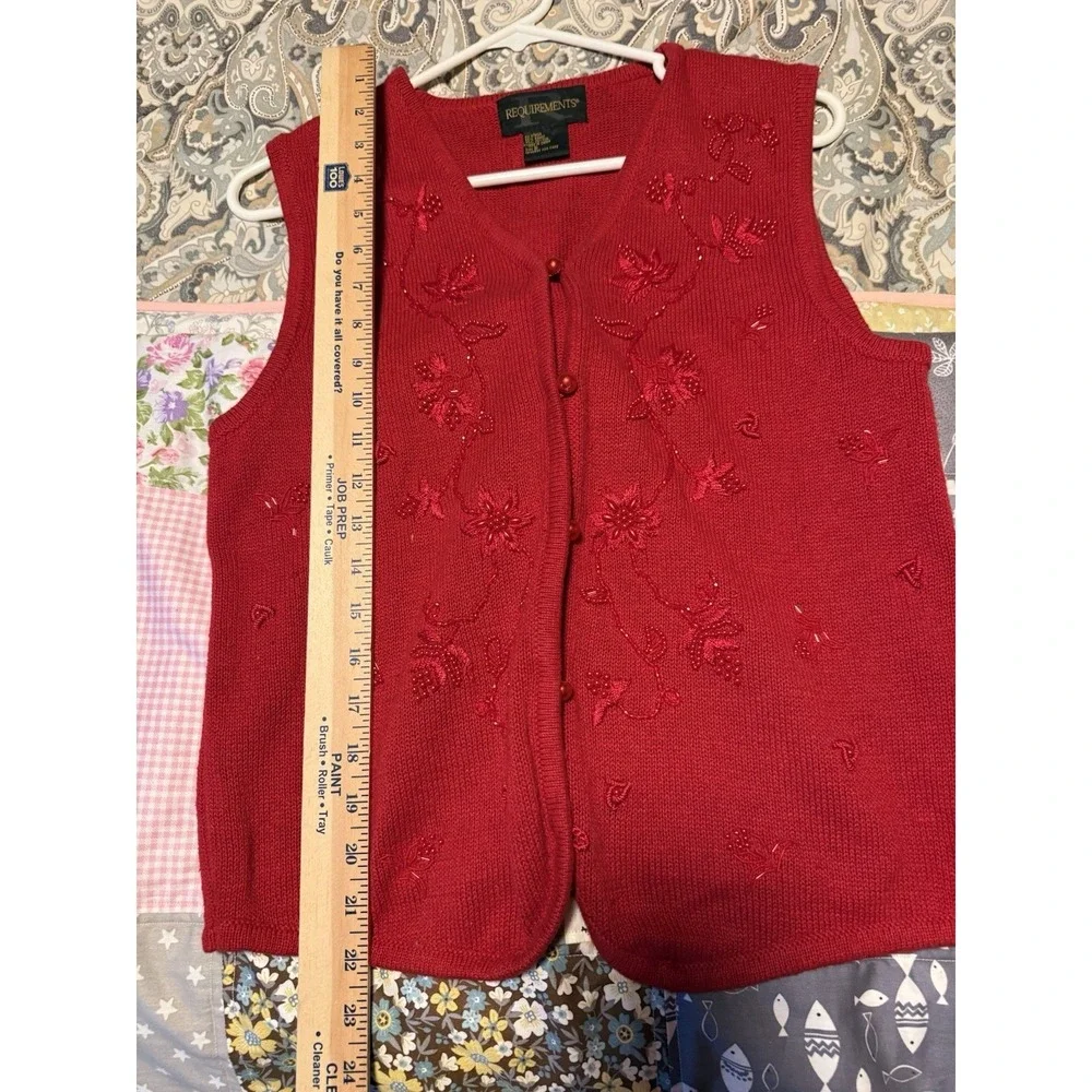 Vtg Sweater Vest Red Floral Embroidery Buttons‎ Beaded 80s 90s Granny Cottage PM